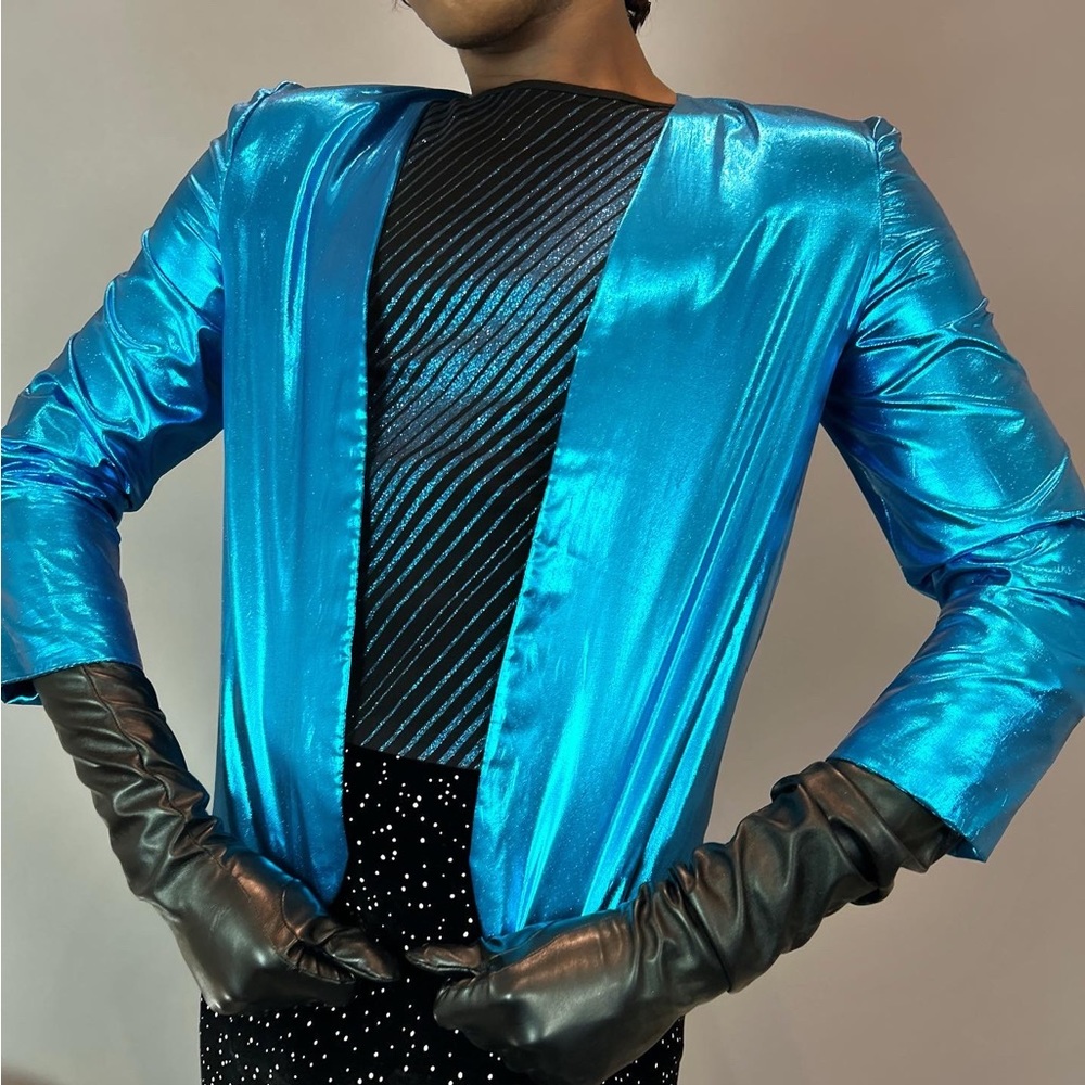Vintage 80s Cerulean Blue Lamé Handmade Blazer